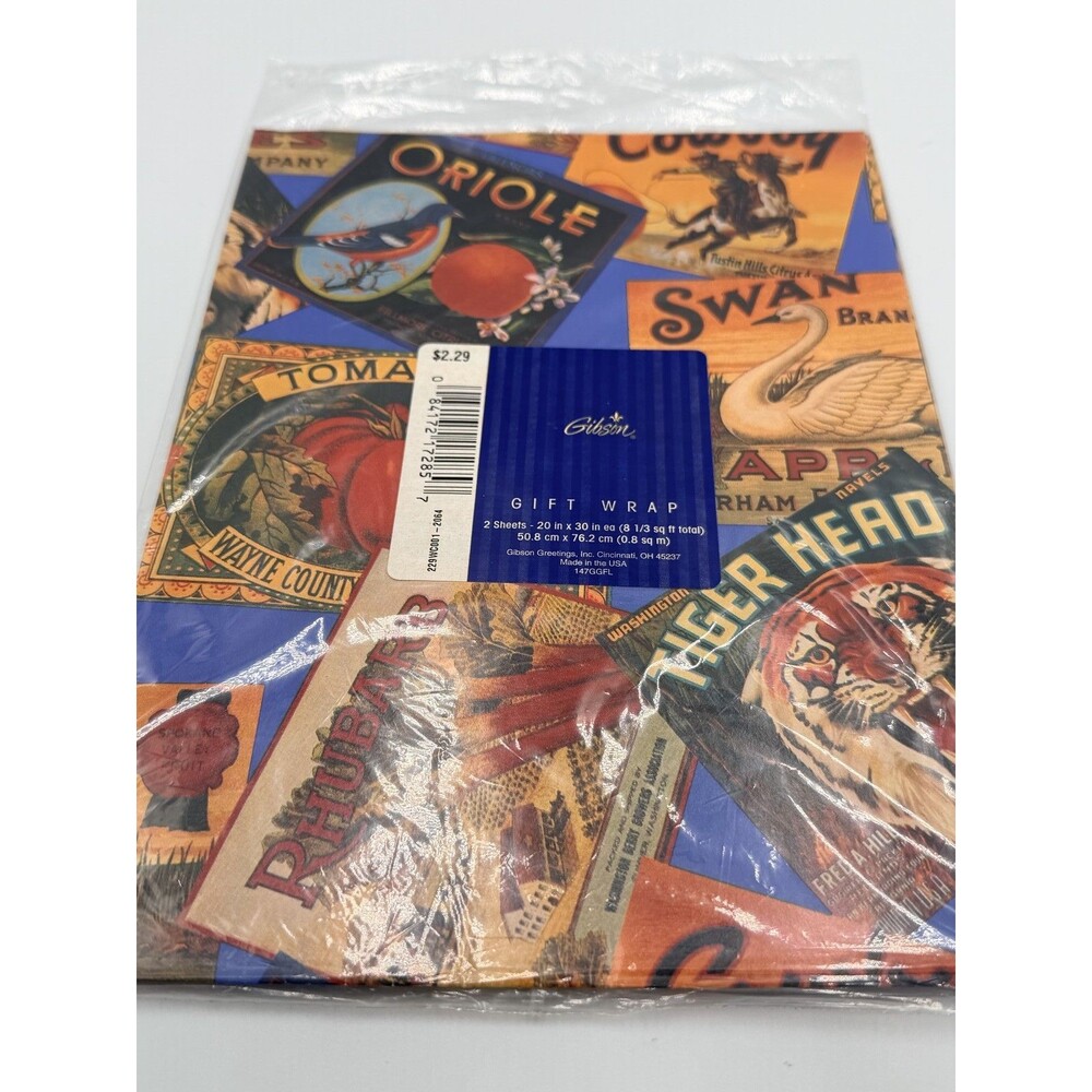 Gibson Vintage Style Fruit Crate Label Collage Gift Wrap Paper 2 Sheets 20"x30"